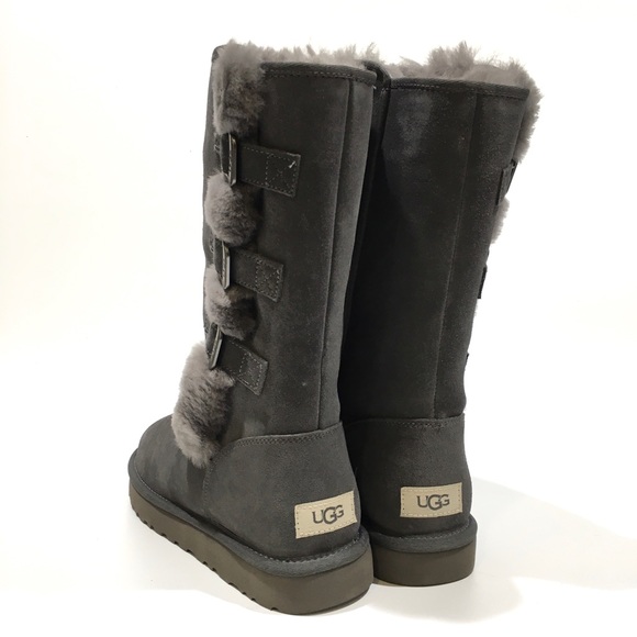 UGG KLEA BUCKLE BOOTS -CHARCOAL SUEDE / SHEEPSKIN TRIM -US 11 -NEW - Picture 2 of 9